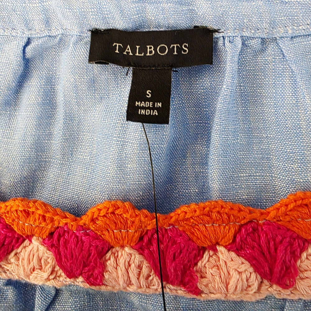 TALBOTS Boho Embroidered Linen Blue Blouse Small - Picture 8 of 12